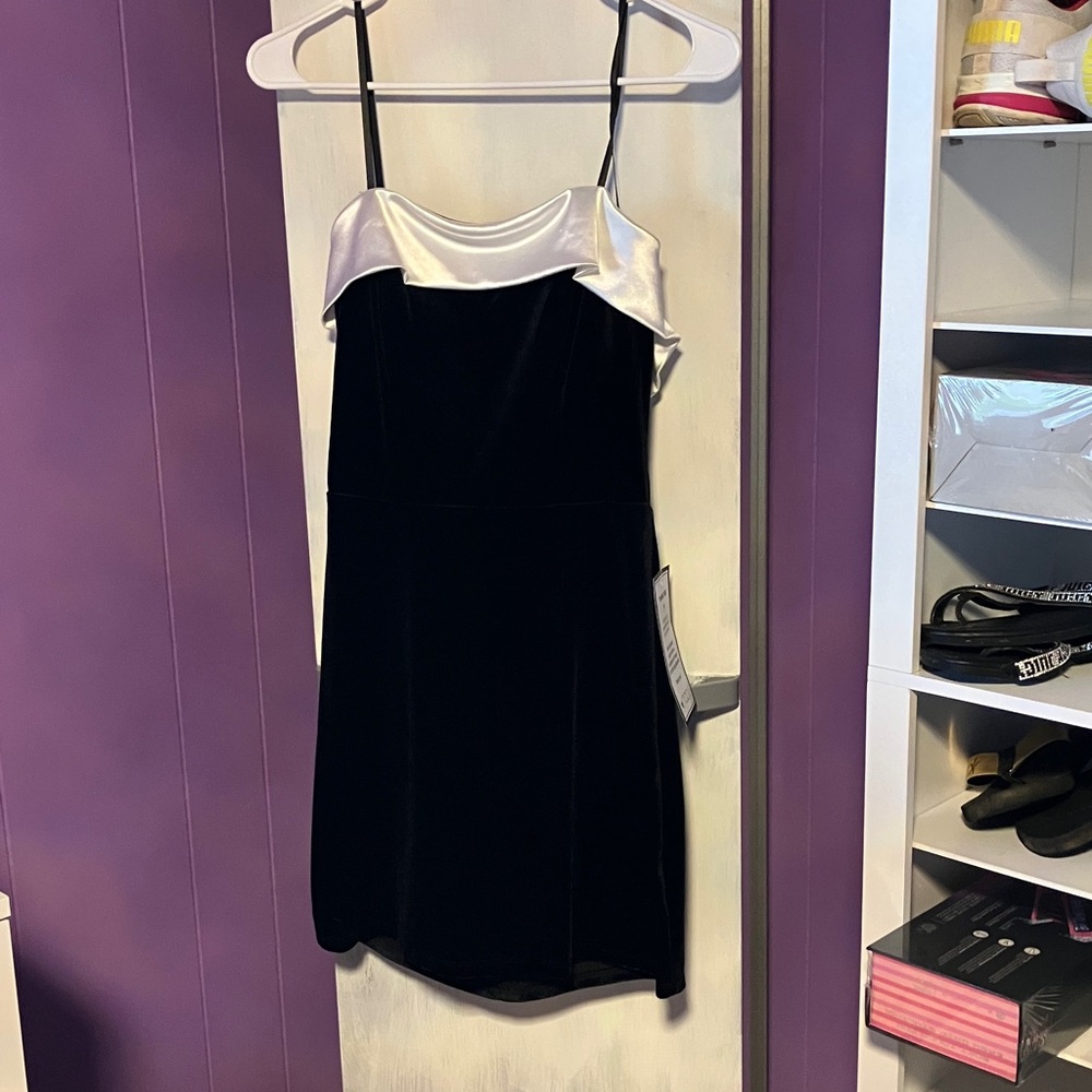 Black Velvet Slip Dress with Satin Ivory Trim